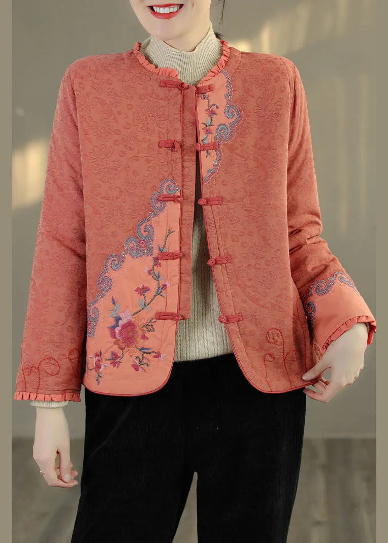 Green Ruffled Embroidered Fine Cotton Filled Coats Spring