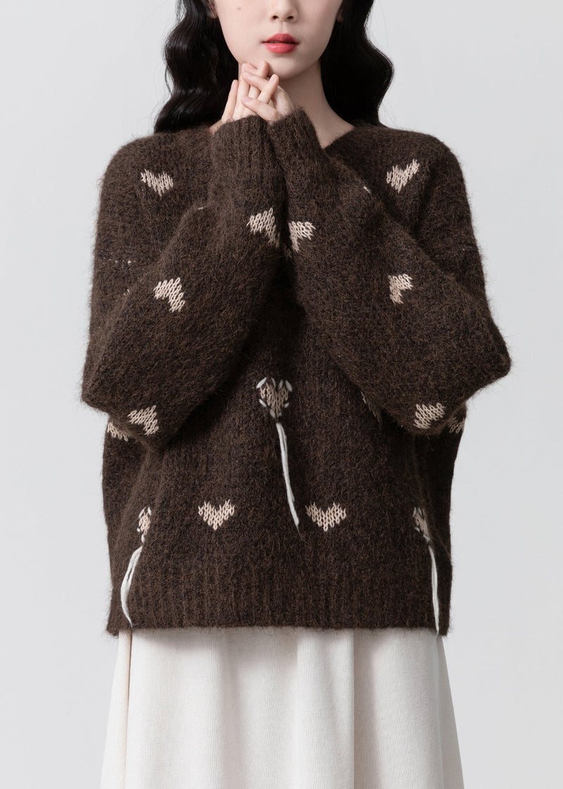 Coffee O Neck Jacquard Thick Knit Sweaters Winter