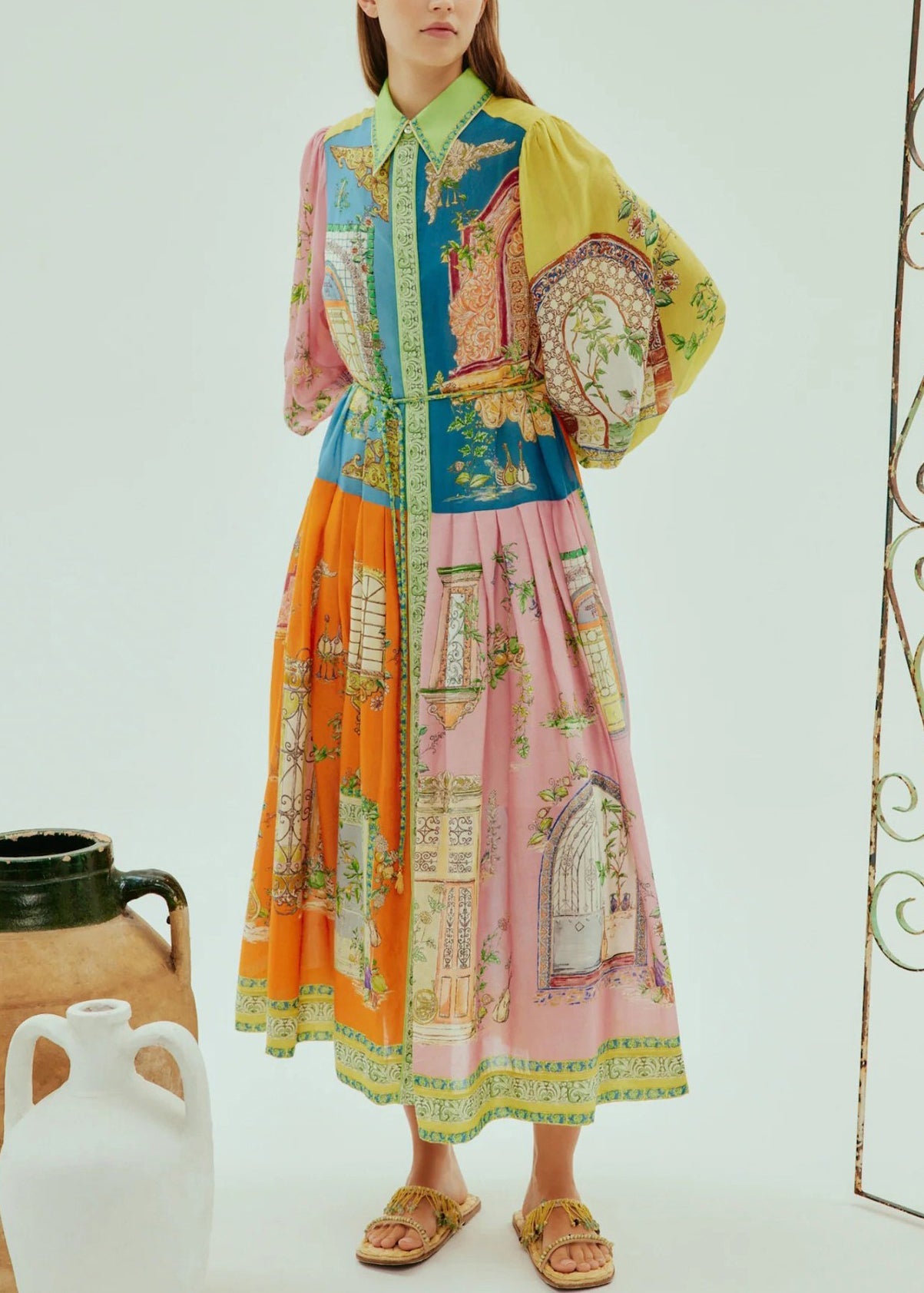 Lantern Sleeve Graffiti Printed Wrinkled Lace Up Dress