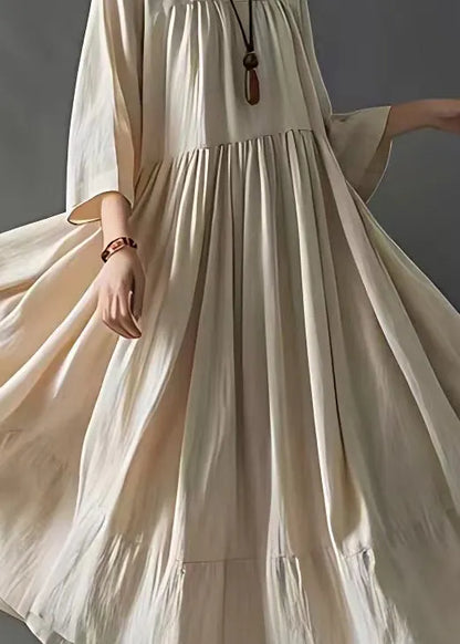 Art Beige Wrinkled Cotton Long Dresses Bracelet Sleeve