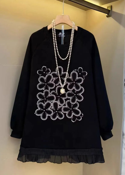 Black Oversized Patchwork Cotton Sweatshirt Fall
