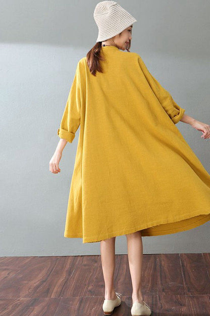 Spring Yellow Cotton Linen Dresses Long Sleeve Shirt Dress Outfits