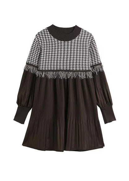 Coffee O-neck Tasseled Wrinkled Patchwork Cotton Mid Dress Lantern Sleeve