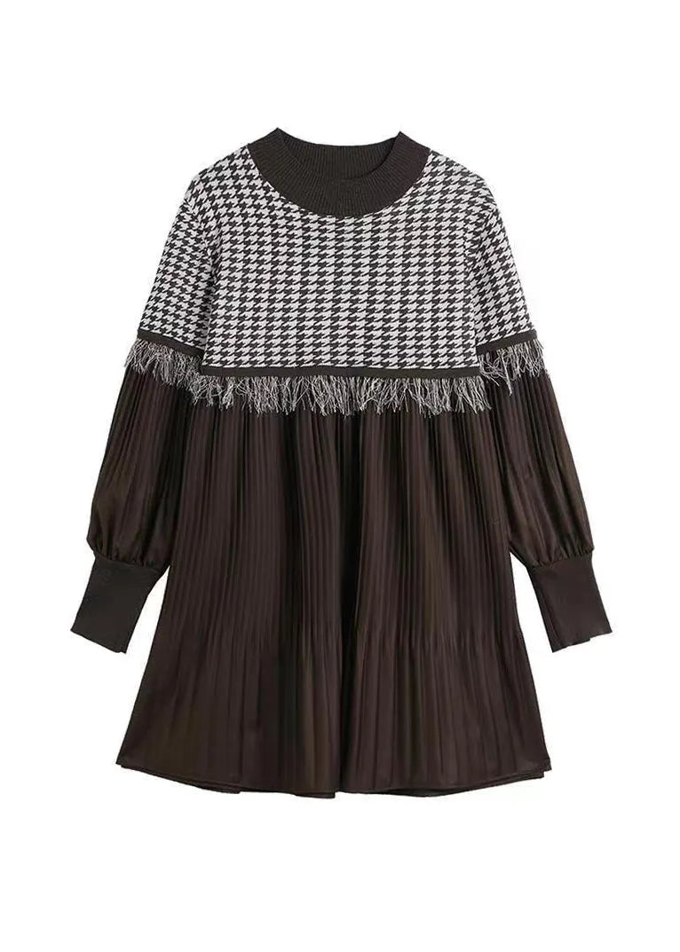 Coffee O-neck Tasseled Wrinkled Patchwork Cotton Mid Dress Lantern Sleeve