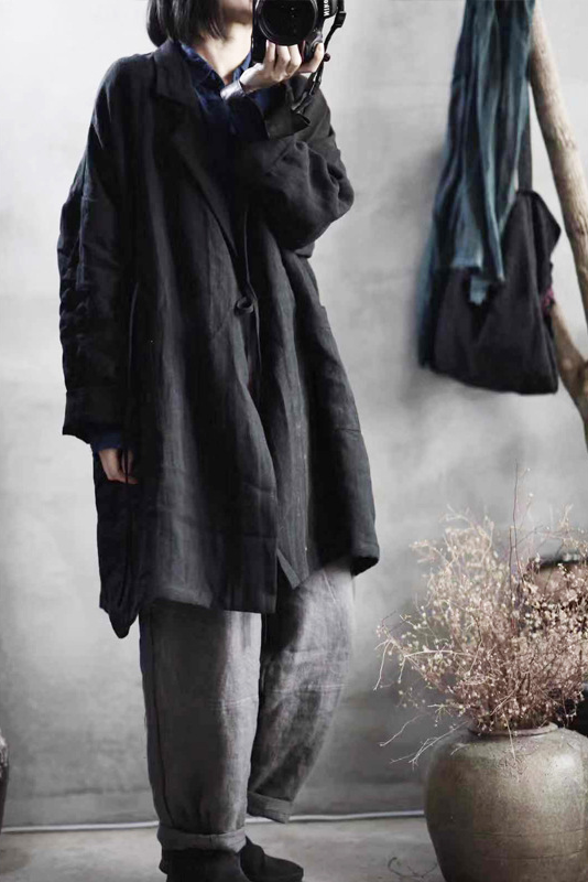 Fall Black Simple Retro Linen Coat