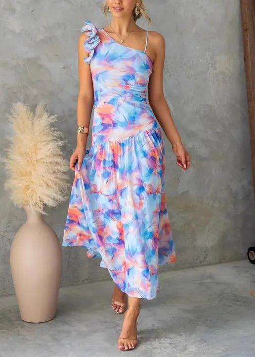 Purple Ruffled Print Tulle Spaghetti Strap Dresses Summer