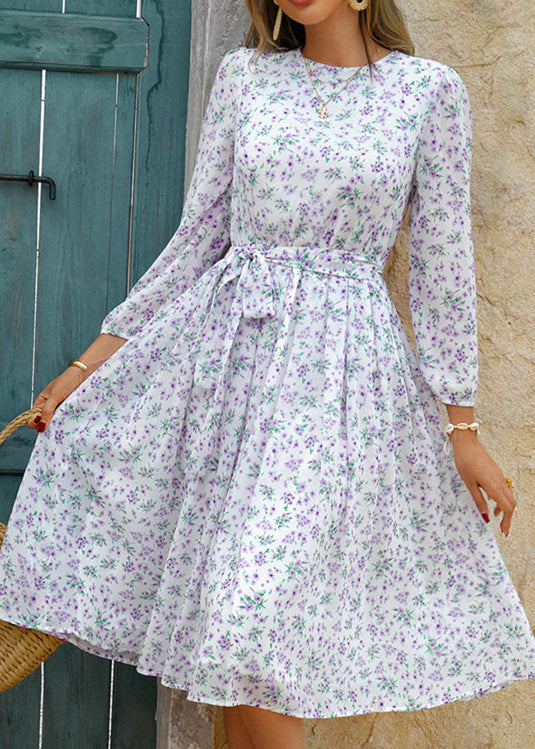 Stylish White O Neck Print Tie Waist Chiffon Dress Summer