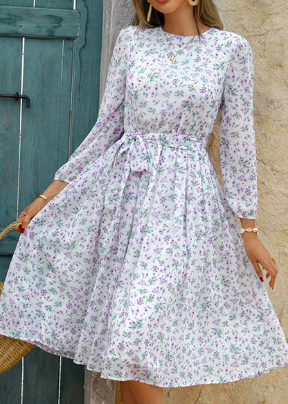 Stylish White O Neck Print Tie Waist Chiffon Dress Summer