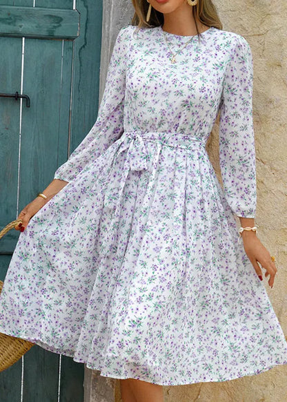 Stylish White O Neck Print Tie Waist Chiffon Dress Summer