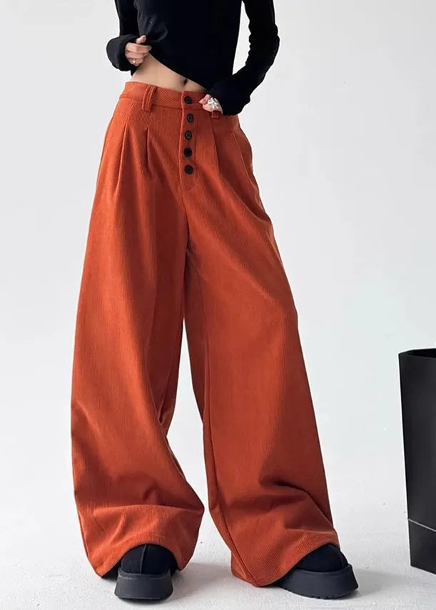 Natural Orange Pockets Patchwork High Waist Corduroy Wide Leg Pants Spring