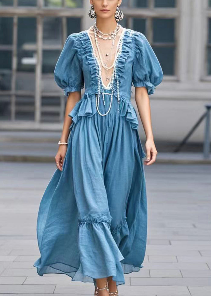 Modern Blue Deep-v Neck Ruffled Cotton Dress Summer