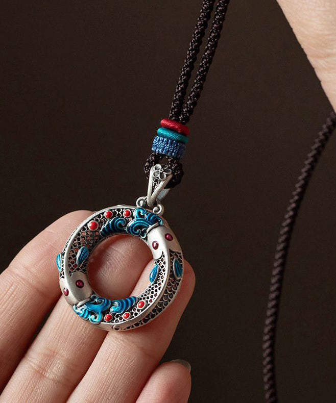 Blue Sterling Silver Cloisonne Lucky Charm Pendant Necklace