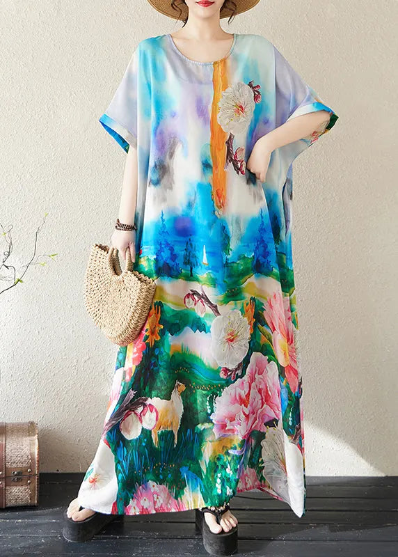 Blue Oversized Tie Dye Cotton Maxi Dresses Summer