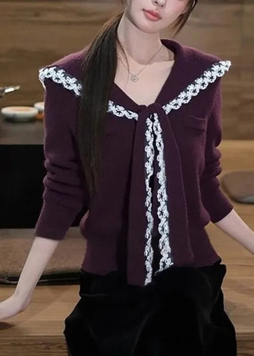 Purple Sailor Collar Lace Patchwork Knit Sweater Winter