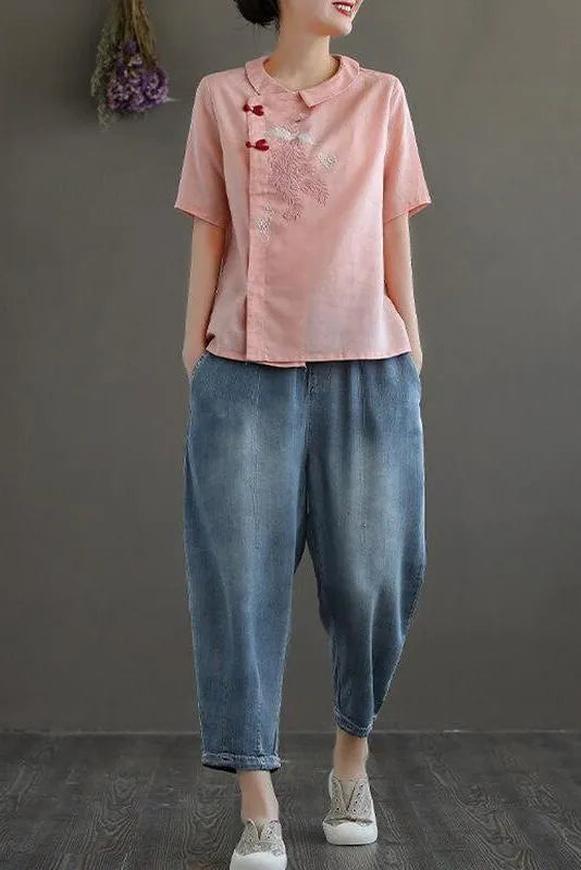 Embroidered Turn Down Collar Linen Retro T-shirt