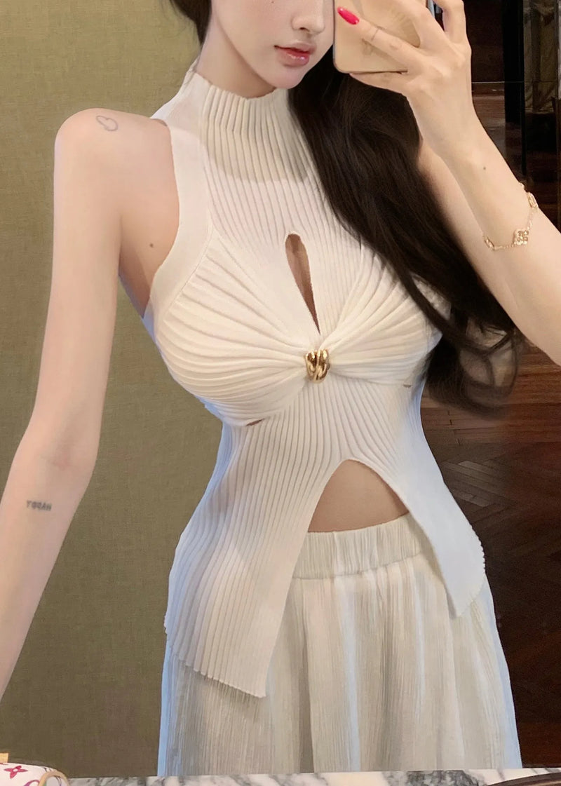 White Front Open Hollow Out Knit Tanks Summer
