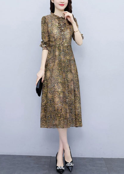 Ruffled Print High Waist Chiffon Dress Long Sleeve