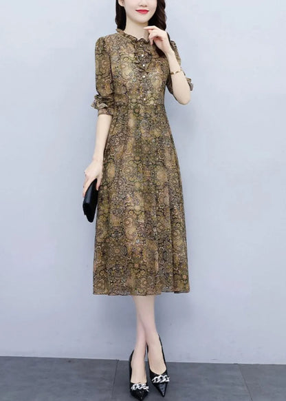 Ruffled Print High Waist Chiffon Dress Long Sleeve
