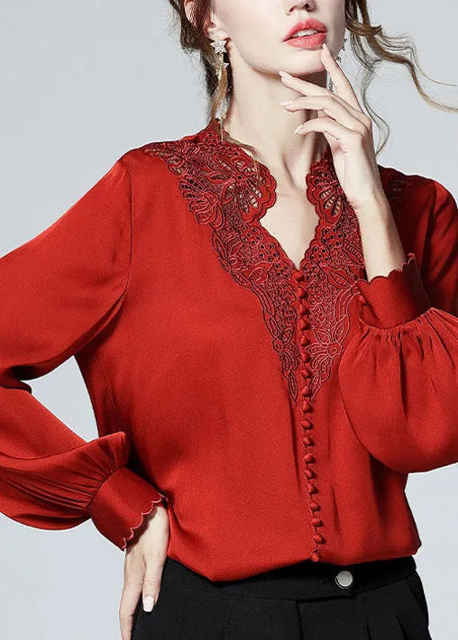 Red V Neck Button Embroideried Patchwork Silk Shirt Top Spring
