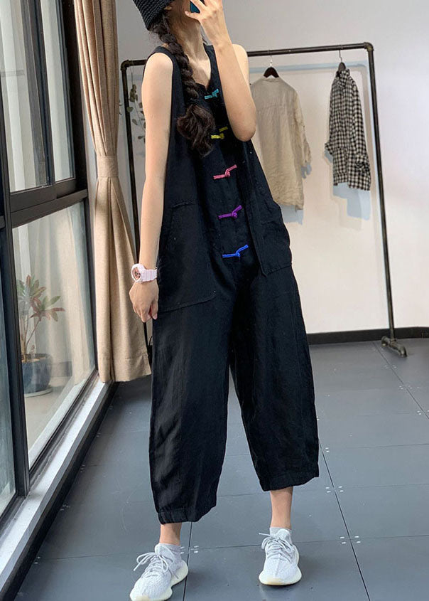 Black Chinese Button Pockets Patchwork Linen Jumpsuits Summer