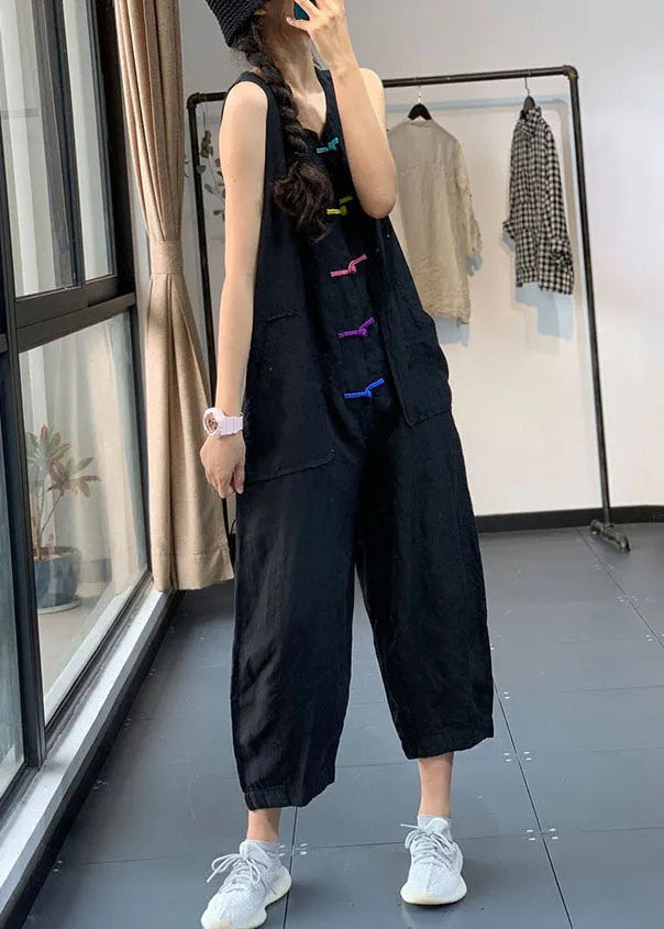 Black Chinese Button Pockets Patchwork Linen Jumpsuits Summer