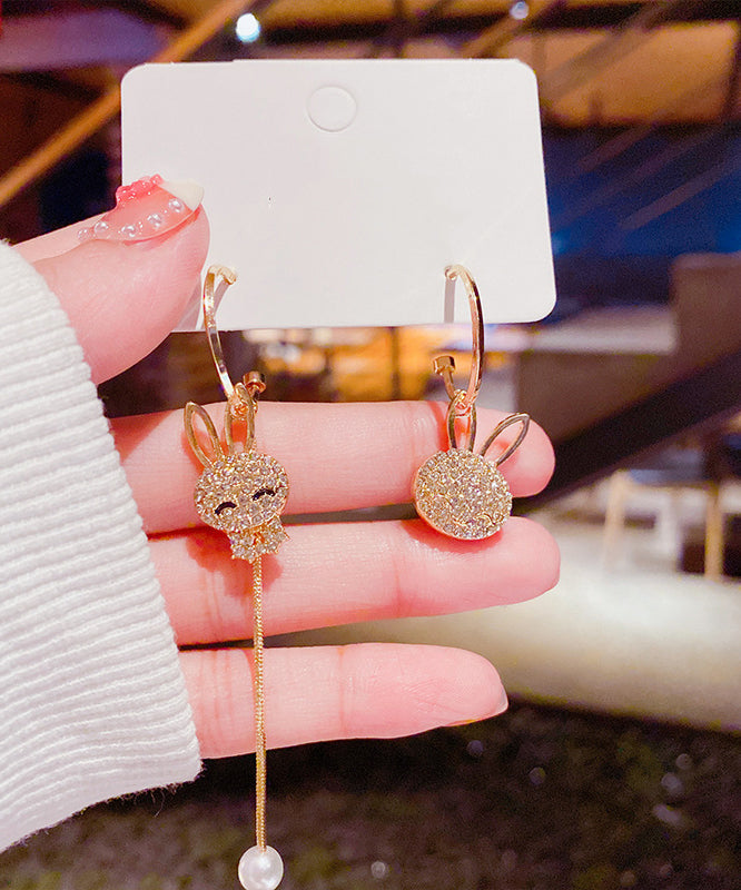 Gold Sterling Silver Overgild Zircon Asymmetry Little Rabbit Tassel Drop Earrings