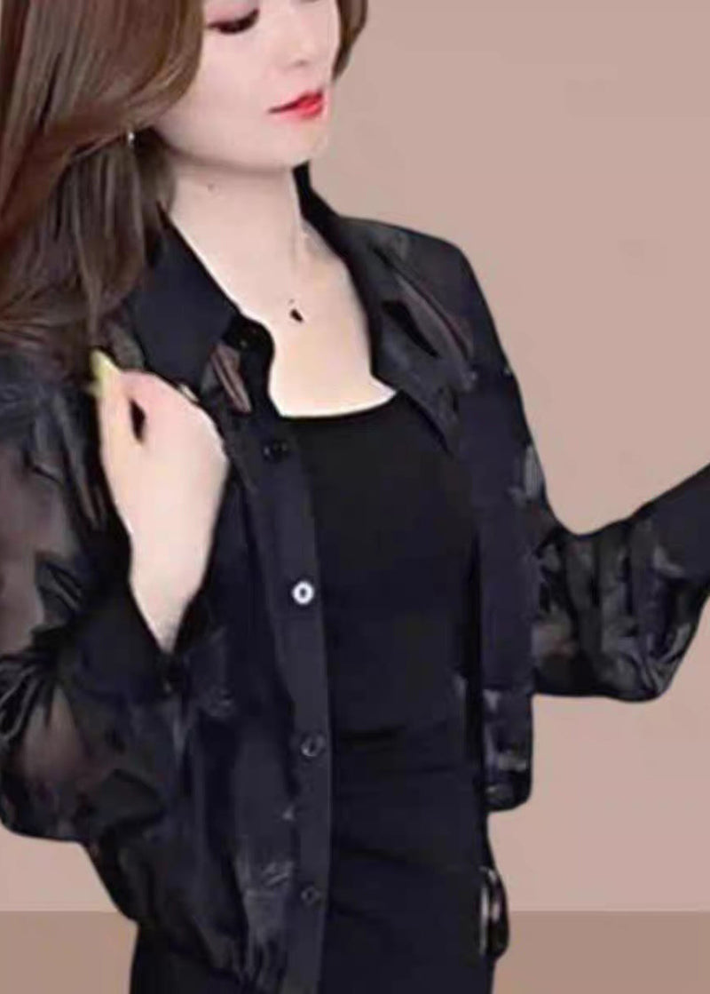 Fine Black Peter Pan Collar Print Ice Silk Upf 50+ Coat Jacket Lantern Sleeve