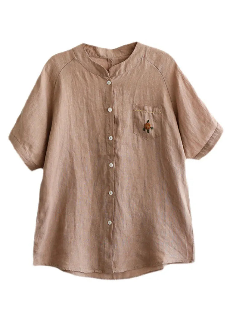 Khaki Loose Linen Shirt Top Embroidered Button Short Sleeve