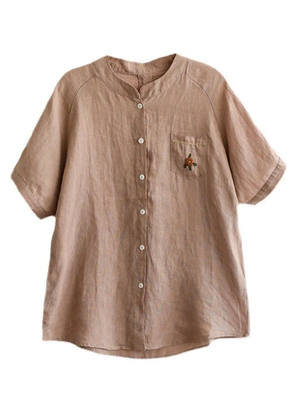 Khaki Loose Linen Shirt Top Embroidered Button Short Sleeve