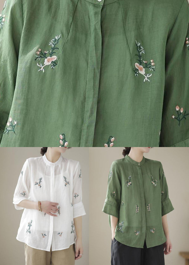 Green Stand Collar Embroidered Patchwork Linen Tops Summer