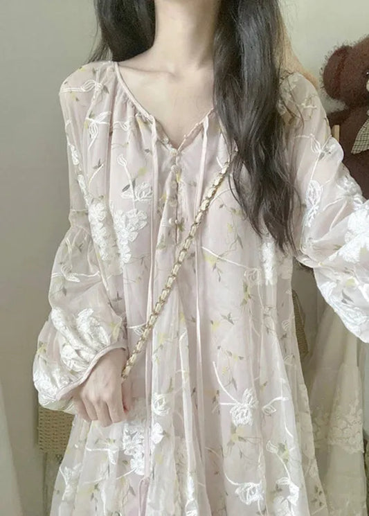 Apricot V Neck Embroidered Silk Mid Dress Lantern Sleeve