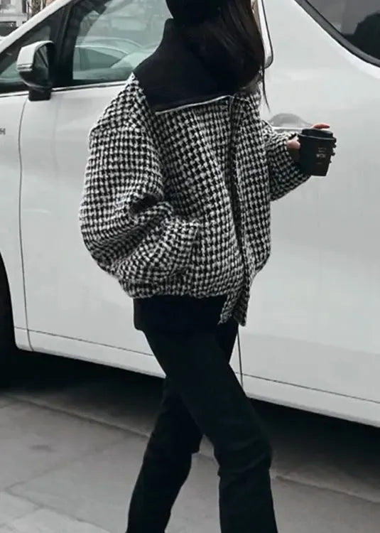 Black High Neck Zip Up Plaid Woolen Jacket Winter