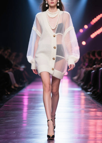 Fitted White Hollow Out Patchwork Tulle Knit Coats Fall