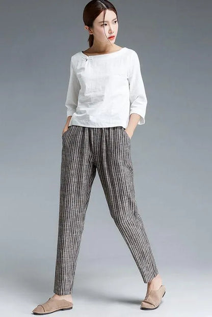 Lotstrends Stripe Cotton Linen Pants