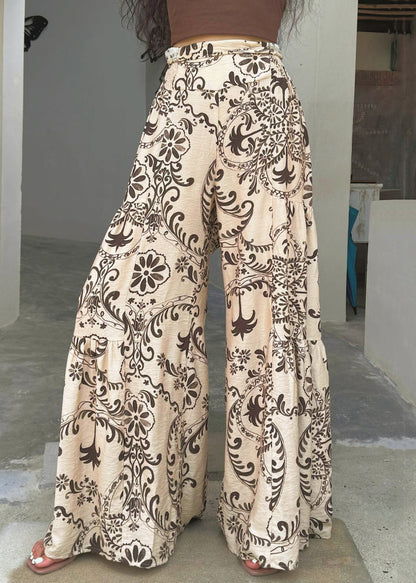 Apricot Print Pockets Cotton Wide Leg Pants Summer