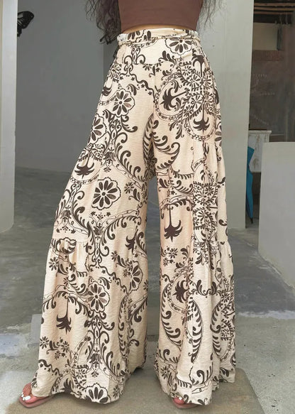 Apricot Print Pockets Cotton Wide Leg Pants Summer
