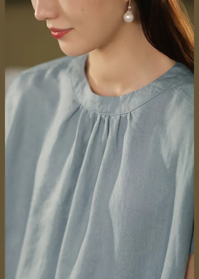 Loose Blue O-neck Pockets Linen Dresses Summe