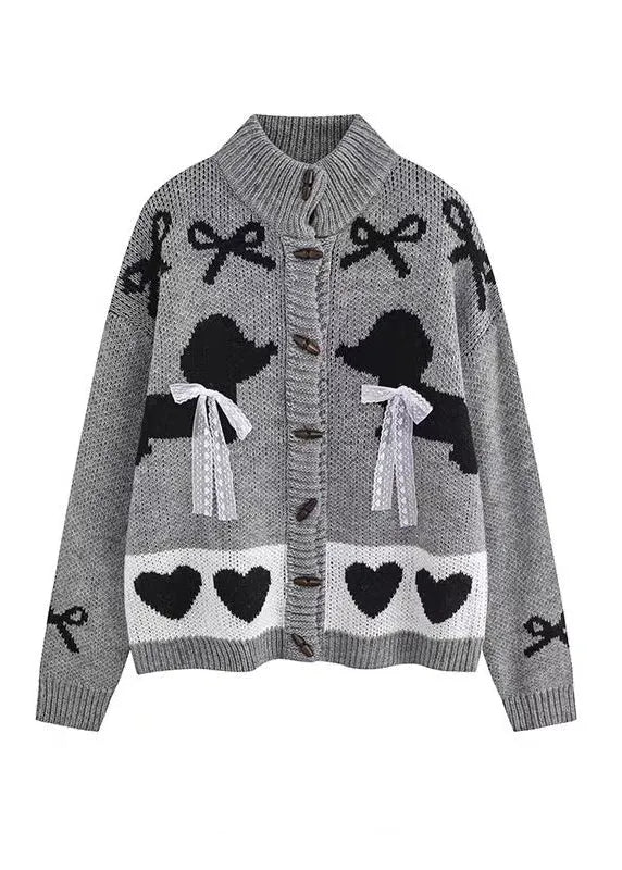 Style Grey Stand Collar Lace Bow Knit Loose Cardigans Spring