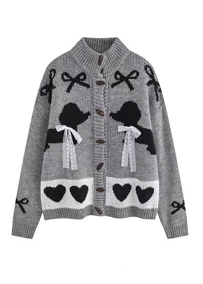 Style Grey Stand Collar Lace Bow Knit Loose Cardigans Spring