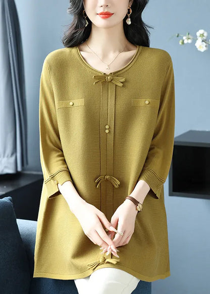 Green O Neck Bow Patchwork Knit Top Bracelet Sleeve