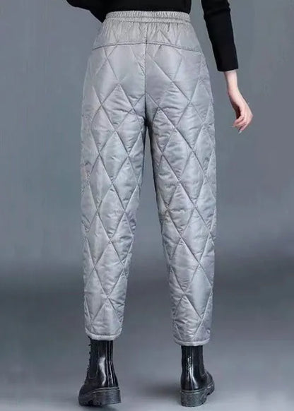Loose Grey Plaid Pockets Elastic Waist Fine Cotton Filled Crop Pants Winter