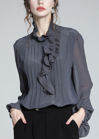 Grey Blue Ruffled Patchwork Chiffon Shirts Spring