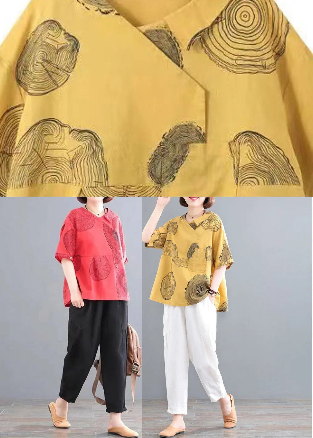 Retro Yellow O-neck Print Top and Crop Pants Two Pieces Set Summer