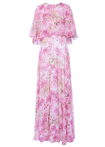Pink O Neck Print Chiffon Maxi Dresses Butterfly Sleeve