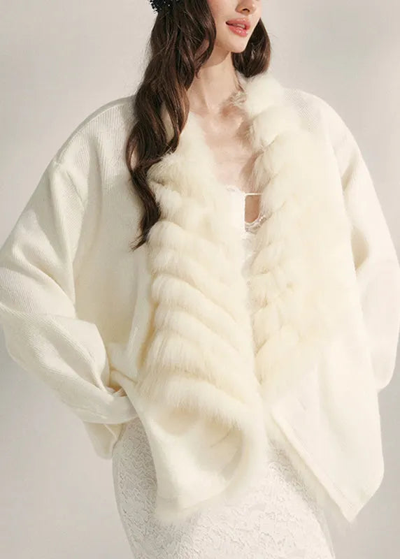 Natural Beige Fox Collar Patchwork Mink Hair Knitted Cardigans Fall
