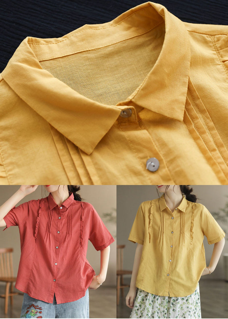 Yellow Peter Pan Collar Ruffled Patchwork Cotton Blouses Summer