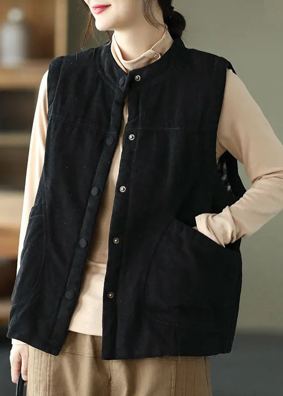 Orange Stand Collar Button Pockets Winter Sleeveless Waistcoat