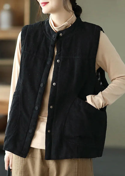 Orange Stand Collar Button Pockets Winter Sleeveless Waistcoat