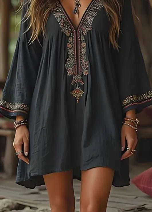 Black V Neck Print Cotton Mid Dresses Summer