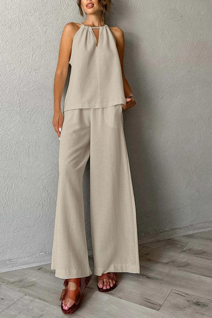 Tie-up Cutout Cotton Tank Top Long Pants Suits